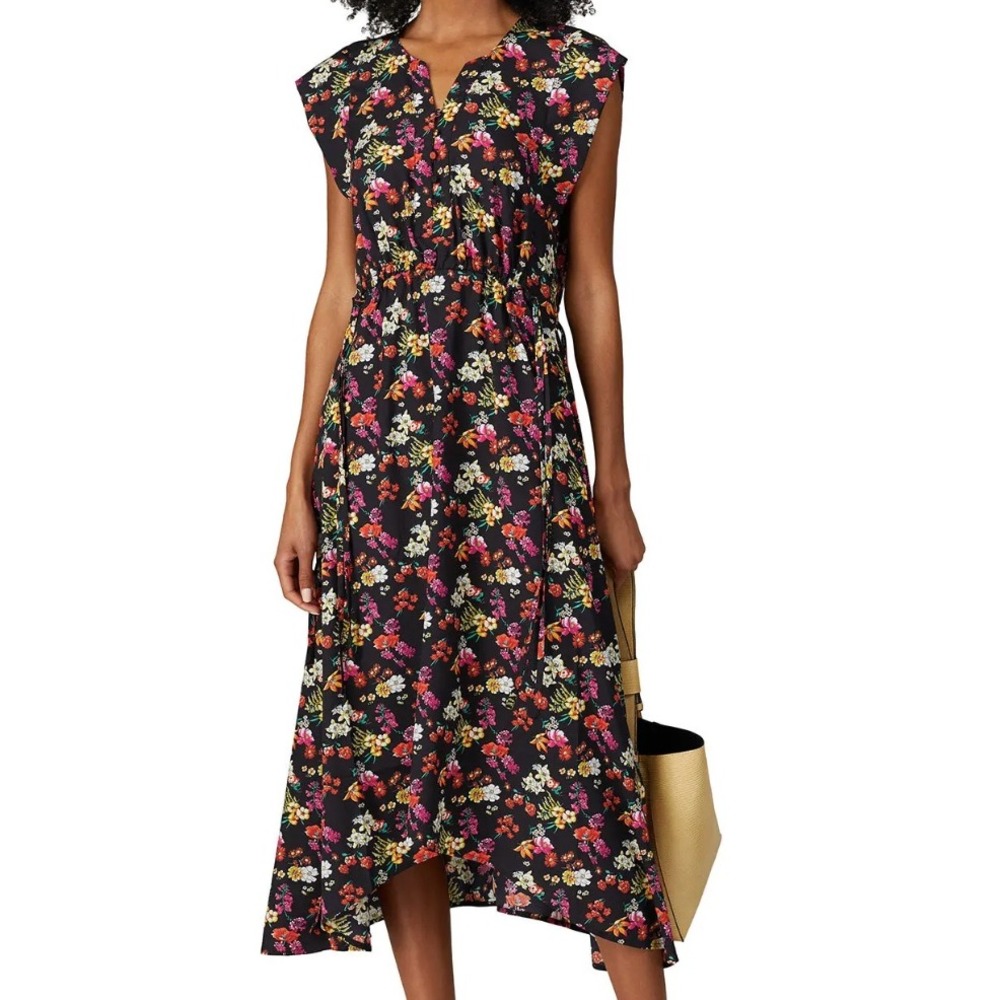 Derek Lam Collective Black Floral Drawstring Waist Midi Dress in Size 16/18
